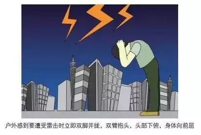 戶外感到要遭受雷擊時(shí)立即雙腳并攏，雙臂抱頭，頭部下俯，身體向前屈